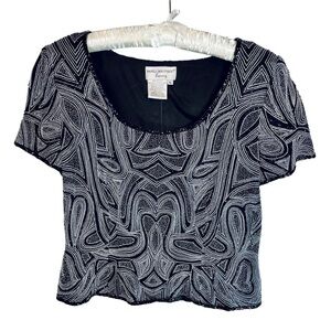 PAPELL Boutique Evening Formal Beaded Blouse Black Silver Cocktail Party
